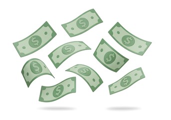 3d Falling dollar bills isolated on white background. financial success, investment, or winning concepts use cases.