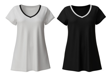 A pair of women's short-sleeve v-neck tunic tops, one white and one black, featuring a contrasting...