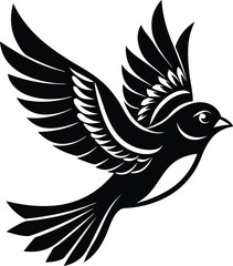 Black Bird Silhouette Vector with Spread Wings in Mid-Flight Pose