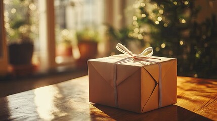 Gift box wrapped in twine on wooden table with holiday decor