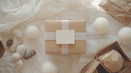 Elegant Gift Package Surrounded by Decorative Elements on White Fabric