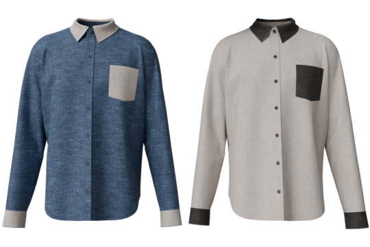 Two long-sleeved button-down shirts, one blue and one beige, feature contrasting color patch pockets and cuffs.  Both shirts have a relaxed fit