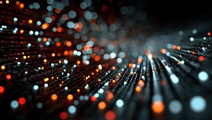 Futuristic stream of digital data and information transferring in cyberspace, featuring binary code and colorful bokeh lights