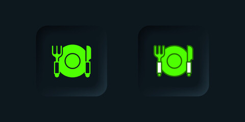 Green Plate, fork and knife icon isolated on black background. Cutlery symbol. Restaurant sign. Black square button. Vector