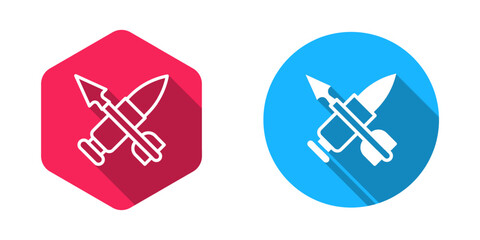 Filled and outline Crossed bullet with arrow icon isolated with long shadow background. Vector