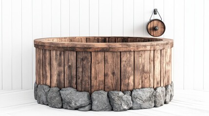 Wooden hot tub in a white room