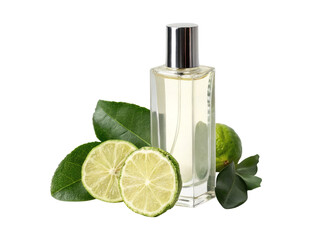 A perfume bottle next to bergamot fruit slices and leaves isolated on a transparent background png