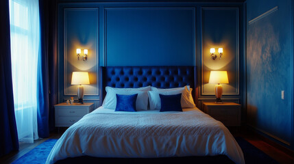 A contemporary master bedroom is styled with deep blue walls, a centrally placed bed, and symmetrical nightstands with matching lamps