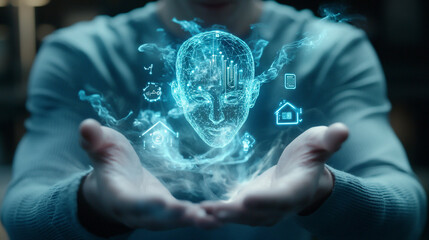 Man holding futuristic head with glowing icons floating above his hands in a digital space
