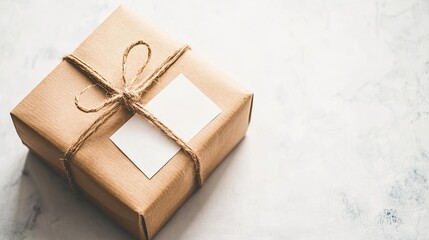 Rustic Gift Box Tied with Twine and Blank Gift Tag on Table