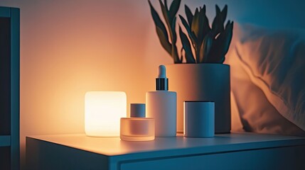 Ambient Nightstand Arrangement with Skincare Products and Plants
