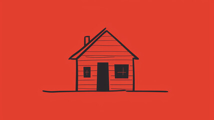 House Sketch Illustration: Simple Black Outline on Red Background