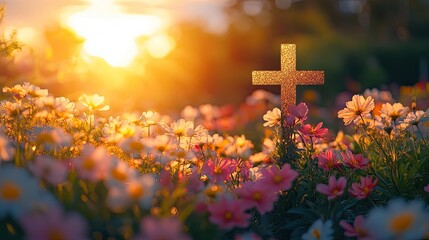 Christian cross standing in a beautifully blooming flower garden, glowing at sunset in golden light 