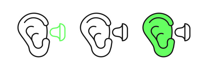 Set line Earplugs and ear icon isolated on white background. Ear plug sign. Noise symbol. Sleeping quality concept. Vector