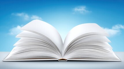 Obraz premium Open Book with Pages Fanned Out Under Blue Sky