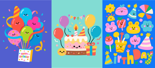 Colorful flat cute children's birthday poster greeting card - three types
