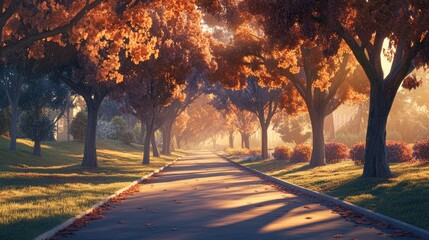 Fototapeta premium Tranquil Pathway Surrounded by Autumn Foliage in Golden Light