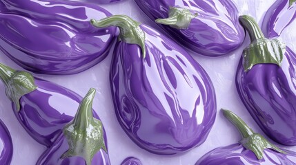 Glossy purple eggplants on light purple background