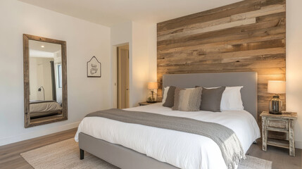 A minimalist apartment bedroom includes a king-sized bed with a gray square headboard, a rustic wooden mirror, and a textured accent wall