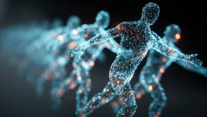 Multiple glowing blue human figures running forward, symbolizing teamwork, network connection, and the concept of community and interaction