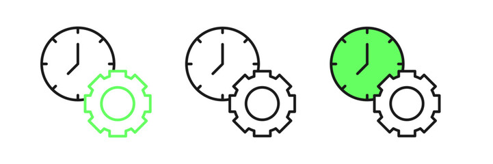 Set line Time management icon isolated on white background. Clock and gear sign. Productivity symbol. Vector