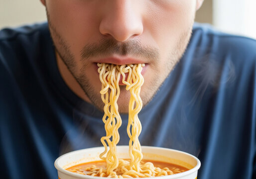 Close-up of a person slurping hot, steamy noodles directly from a bowl, showcasing the enjoyment of a quick and delicious meal.