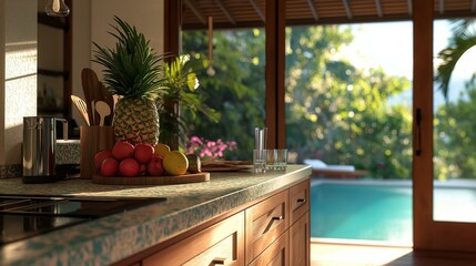 Modern kitchen with a large window overlooking a swimming pool. the kitchen has wooden cabinets and a granite countertop with a sink and a coffee maker.