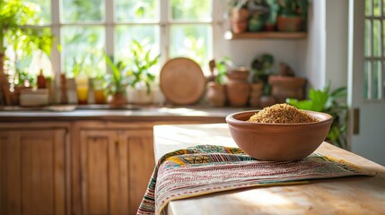 Kitchen countertop with a bowl of food on it. the bowl is made of clay and is placed on a wooden table with a colorful striped napkin.