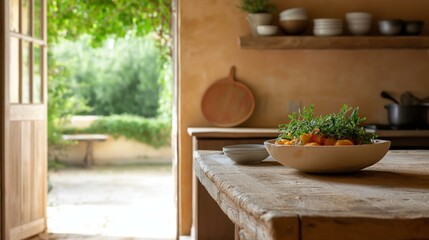 Kitchen countertop with a bowl of fresh herbs on it. the countertop is made of light-colored wood and has a rustic, weathered look.