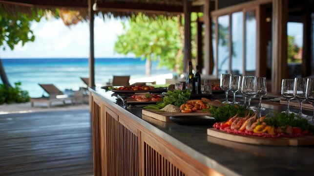 Fototapeta Long wooden bar with a view of the ocean. the bar is set up on a wooden deck with a thatched roof and large windows that offer a beautiful view.