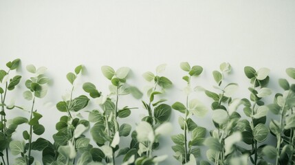Green leafy sprigs line the bottom of a bright white space, facing upward