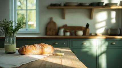 Kitchen countertop with a loaf of bread on it. the bread is golden brown and appears to be freshly baked.