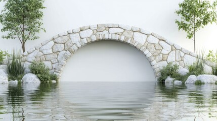 Serene stone bridge arches over still water, flanked by greenery and a white backdrop