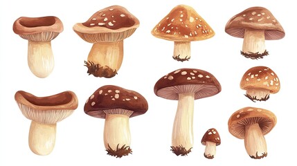 Various Hand-Drawn Mushrooms in Different Shapes and Colors