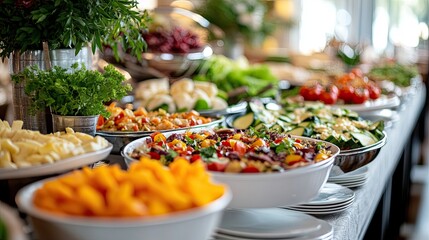 Catering buffet food arranged on a long table in a hotel restaurant, ready for elegant dining service 