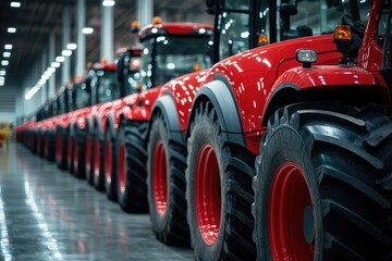 Obraz premium A Row of Red Modern Tractors in a Warehouse Factory