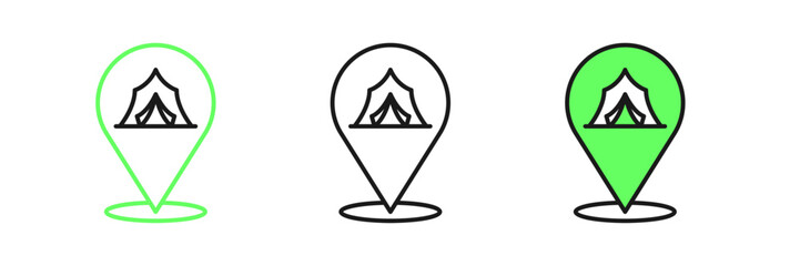 Set line Circus tent icon isolated on white background. Carnival camping tent. Amusement park. Vector