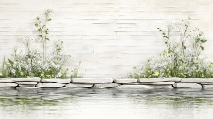 Textured wall with plants reflecting on water creates a serene, tranquil scene