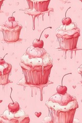Whimsical Cupcakes Pattern: Cherry Topped Desserts on Pink Pastel Background