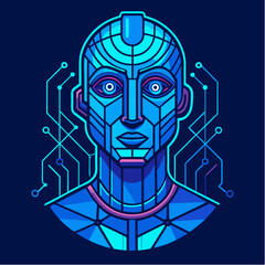 Vector illustration of futuristic robotic humanoid face with glowing geometric design and digital circuit lines in neon blue tones representing artificial intelligence cyber technology and virtual int