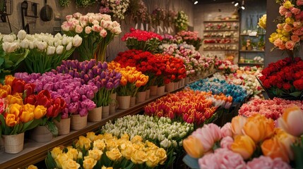Fototapeta premium Colorful Flower Shop Display with Vibrant Tulips and Roses Galore