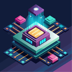 Fototapeta premium Futuristic vector illustration of abstract 3d processor chip with glowing connections data transfer and geometric components in vibrant neon style representing digital technology and computing infrast