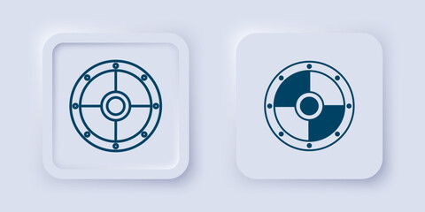 Fototapeta premium Filled and outline Round wooden shield icon isolated on grey background. Security, safety, protection, privacy, guard concept. Square button. Vector