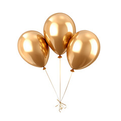 Cluster of three gold balloons isolated on transparent background