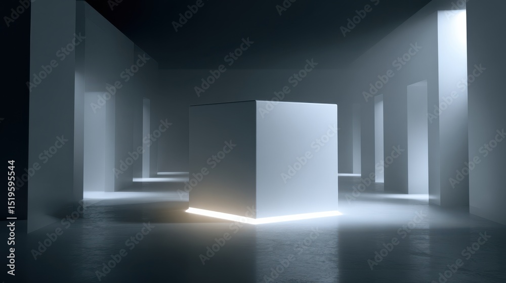 Poster exploring the concept of intelligence through a minimalistic pulsing light structure in a futuristic