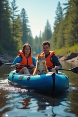 a girl and a guy on a kayak with a cat in a Karelian river