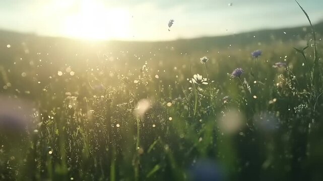 Sunlit meadow filled with wildflowers, capturing the essence of nature's beauty at dusk