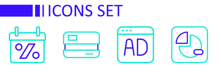 Set line Pie chart infographic, Advertising, Credit card and Discount percent tag icon. Vector