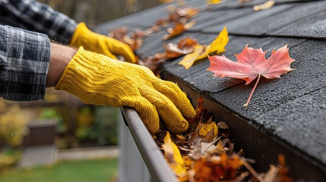 A person wearing gloves removes leaves and debris from a rain gutter on an asbestos roof, ensuring proper drainage and preventing water damage


