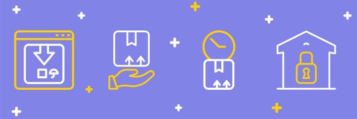 Set line Closed warehouse, Cardboard box with clock, Delivery hand and Online app delivery tracking icon. Vector